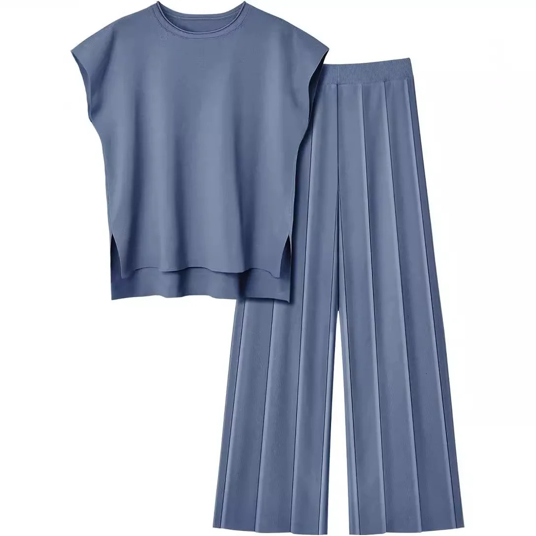 European And American Style Knitted Fashion Summer Casual Suit Elegant Sleeveless Vest Sweater Wide-leg Pants Two-piece Set 250616