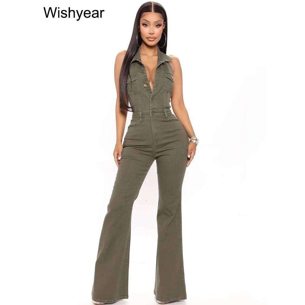 Fashion Army Green Denim Jumpsuit Women Halter Sleeveless Backless Wide Leg Pants Rompers Streetwear One Pieces Jeans Outfits