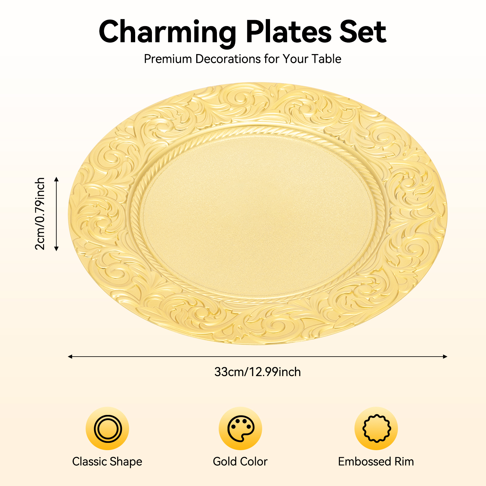 100 Pcs Antique Charger Plates Bulk 13 Inch Round Plastic Dinner Plate Embossed Rim Server Plate Decorative Chargers Floral Plates for Dinner Parties 