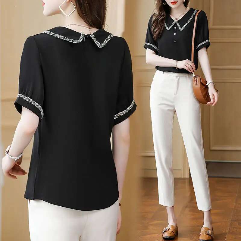 Top for Woman Office Outfits Clothing Black Womens Shirts and Blouses Chiffon Wear To Work Formal Collar Short Sleeve New 2025