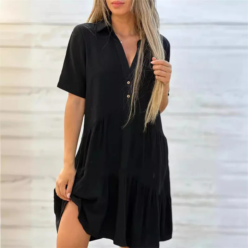 Women Cotton Linen Solid Color Dresses Lapel Button Patchwork Dress Summer Casual High Waist Short Sleeves Female Gown 250529