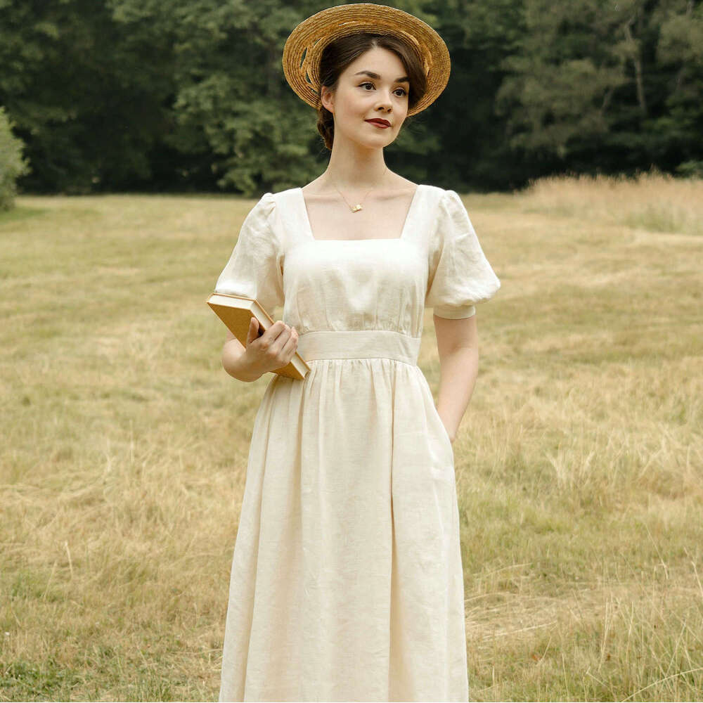 Partydress Promdress Plus Size Womens Clothing N599 Spring Summer 2025 Solid Color Square Neck Short Sleeve Mid-length Linen Dress French Style