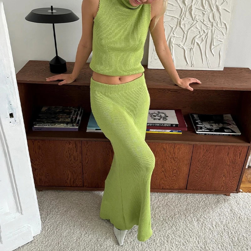 BKLD Casual Sexy Sleeveless Off Shoulder Solid Tank Top And Midi Skirt Knitted Rib Bodycon Fashion Womens Street Style 2pcs Set 250614