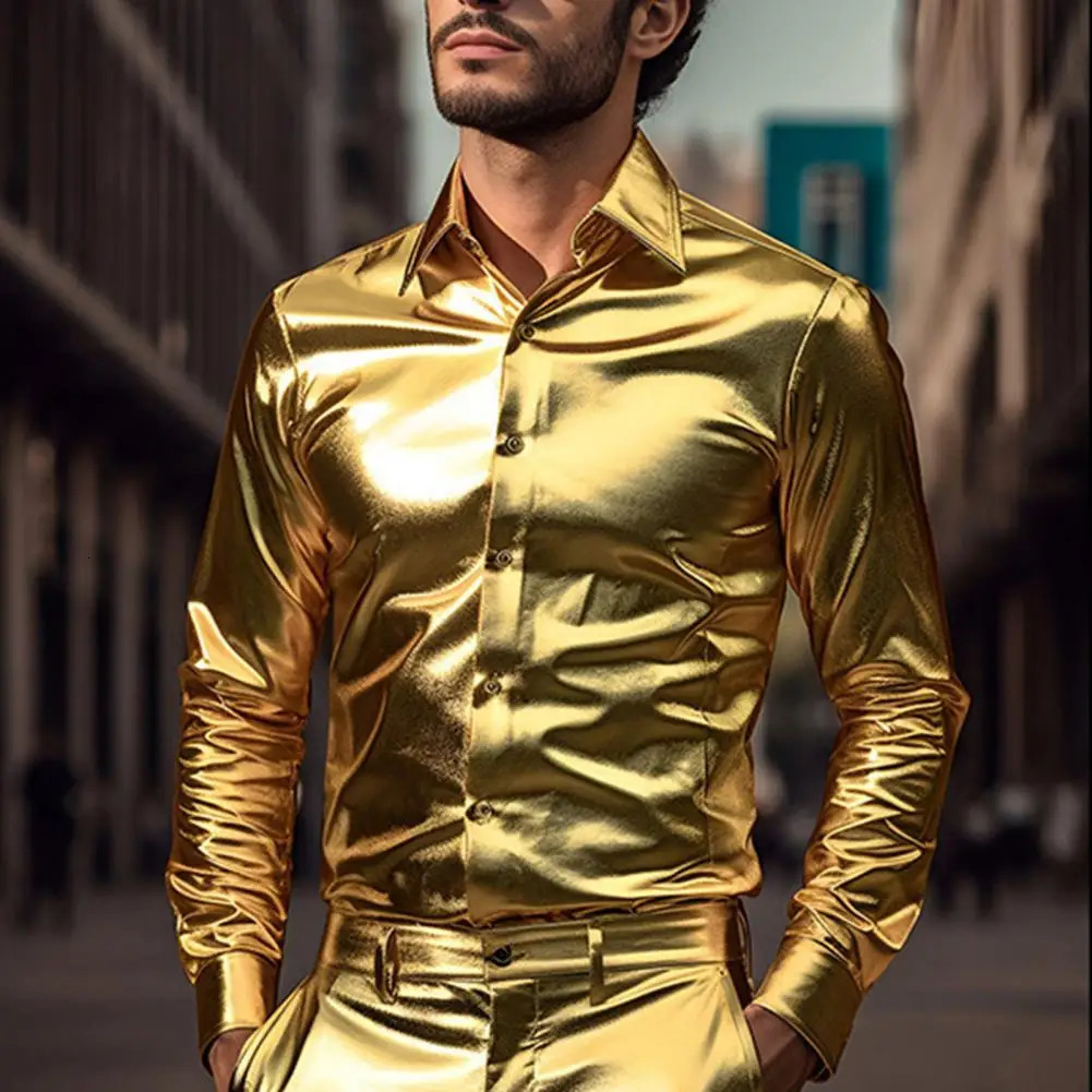 Solid Color Men Shirt Mens Glossy Satin Performance Shirt with Turn-down Collar Single-breasted for Club Party Stage 250616