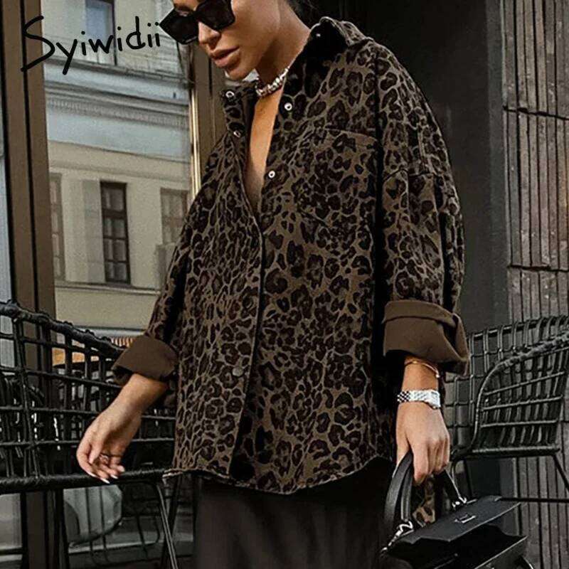 Syiwidii Chic Leopard Print Women Jacket Casual Turn Down Collar Single Breasted Outerwear Autumn Winter Y2k Fashion Streetwear