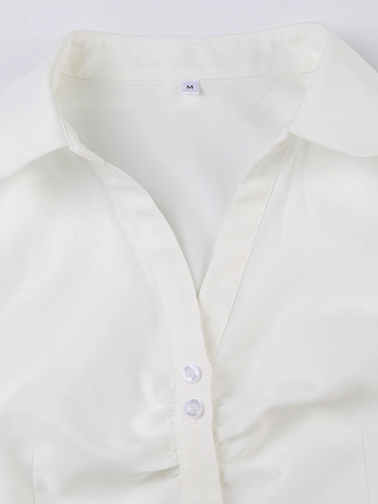 Solid Shirring Button Up Turn Down Collar Short Sleeve White Shirts Women Simple Casual Summer Clothes 250616