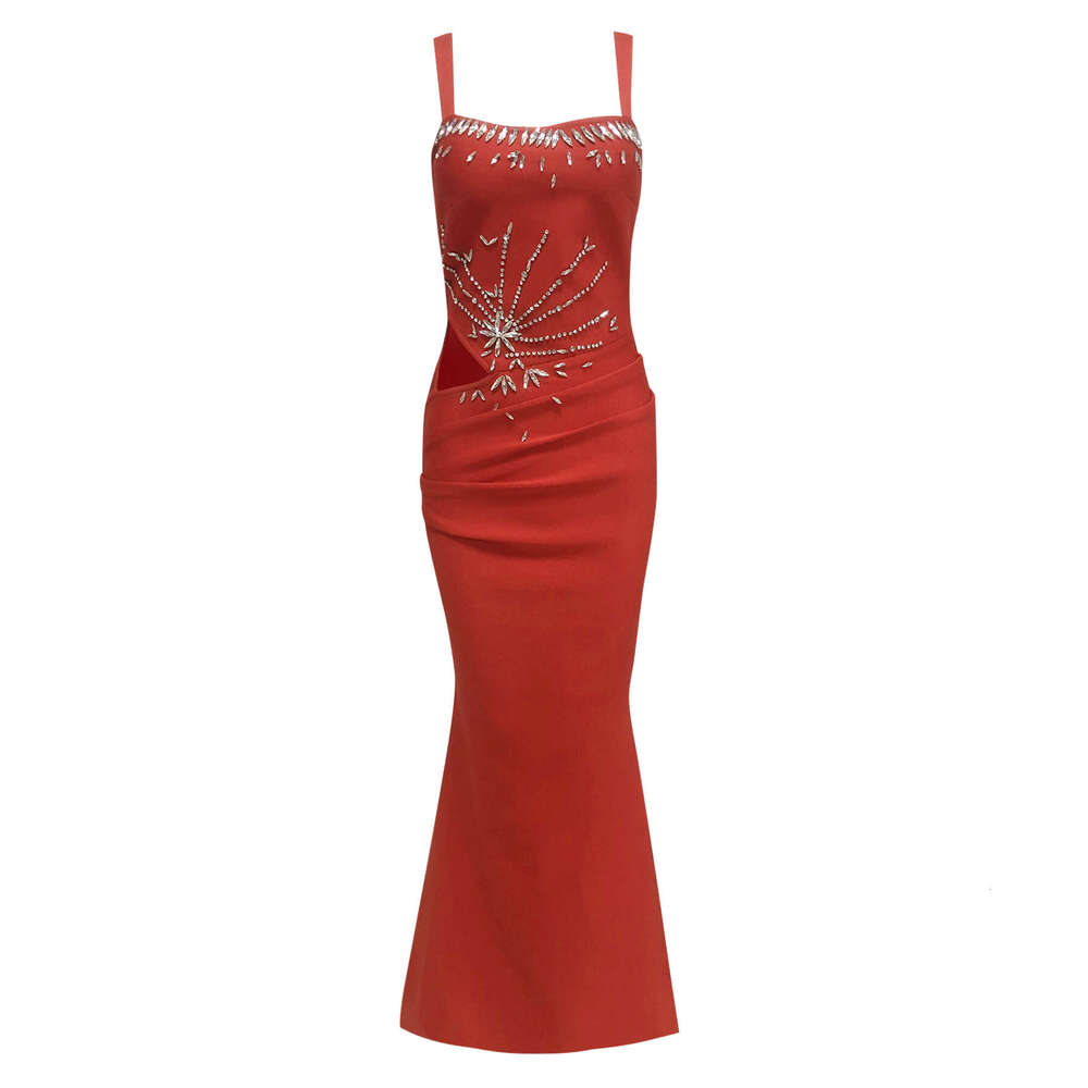 New Style Spaghetti Strap Elegant Bodycon with Rhinestones Slim Fit Long Evening Gown Dress