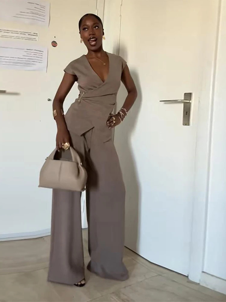 Pin Double Breasted V-neck Top Pants Womens Set Sleeveless Top Wide Leg Mid Waist Trousers Spring Summer Commuting Office Suit 250616