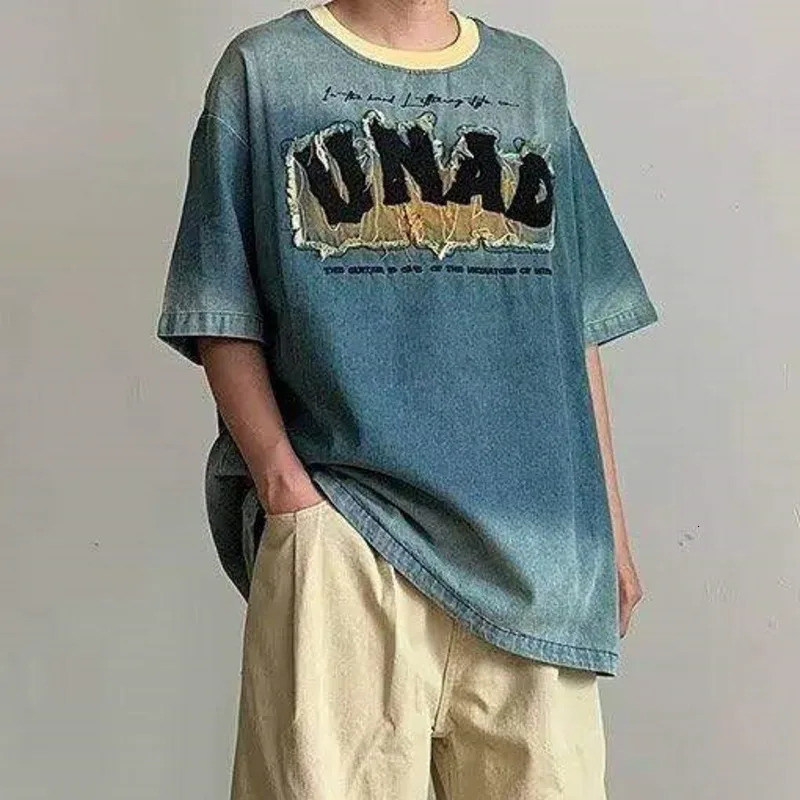 PFHQ Summer Men Denim T-shirt Embroidered Patchwork Contrast Color Short Sleeve T-Shirt Trendy Male Tops 21E6267 250617