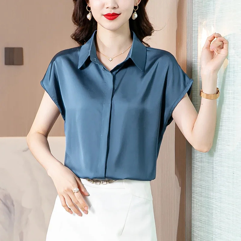 Vintage Blouse Women 2025 Summer Satin Shirt Silk Elegant Womens Tops Short Sleeve Blouses and Shirts Fashion Women Clothing 250614