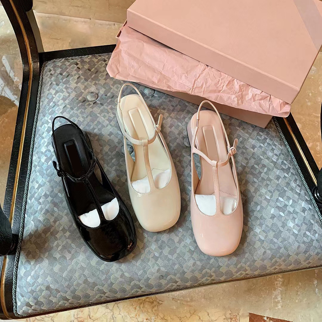High version genuine leather low heel toe sandals for womens new style square toe T-shaped buckle back empty thick heel single shoe