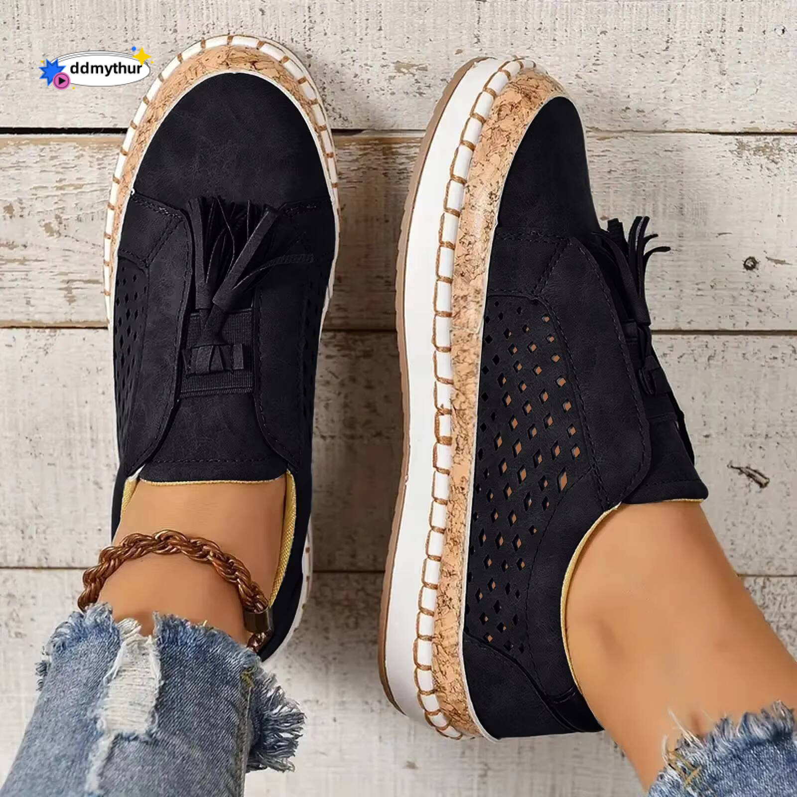 Sports Women'S Fashion Fringe Hollow Out Round Toe Flat Slip On Shoes Sneakers For Women Clearance ddmythur