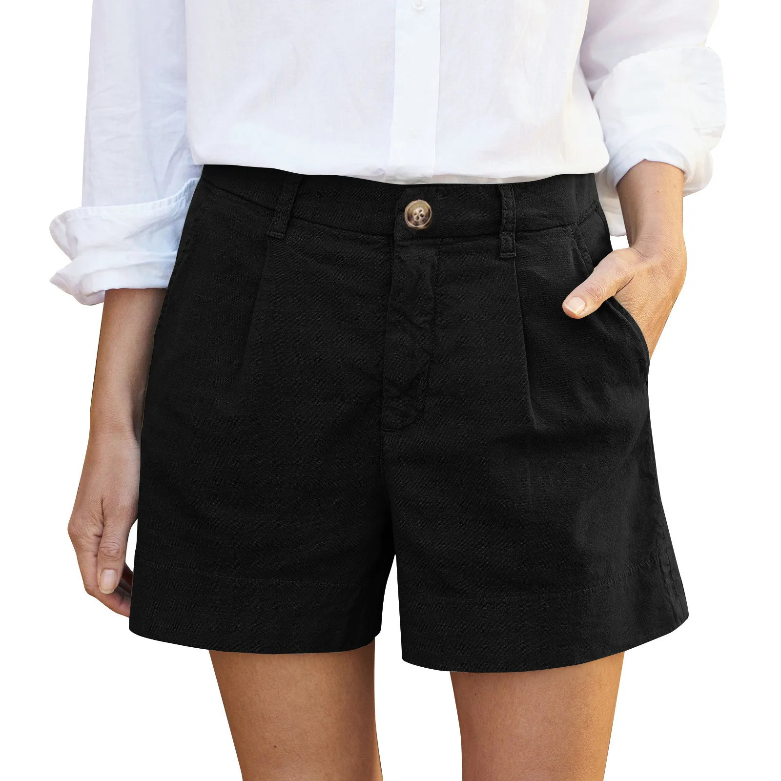 Cotton Linen Solid Shorts For Women Button High Waist Summer Loose Casual Pockets Shorts Female Pants Women Clothing 250614