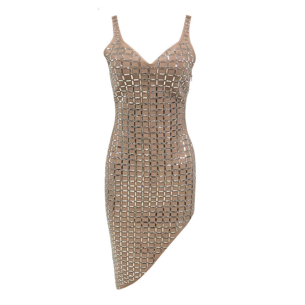 Autumn Winter New Nude Color Deep V High Slit Backless Fashion Sexy Rhinestone Bandage Dress for Women