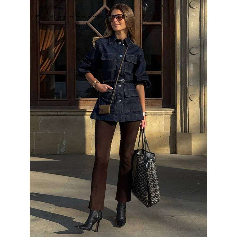 Vintage Belt Denim Coat Women Solid Lapel Long Sleeve Pockets Mid Length Female Jacket 2025 Spring Fashion Street Lady Outwear