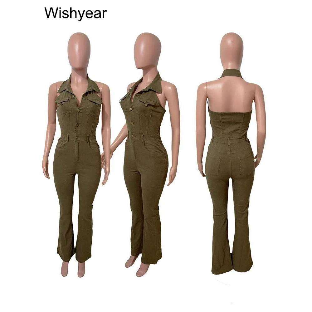 Fashion Army Green Denim Jumpsuit Women Halter Sleeveless Backless Wide Leg Pants Rompers Streetwear One Pieces Jeans Outfits