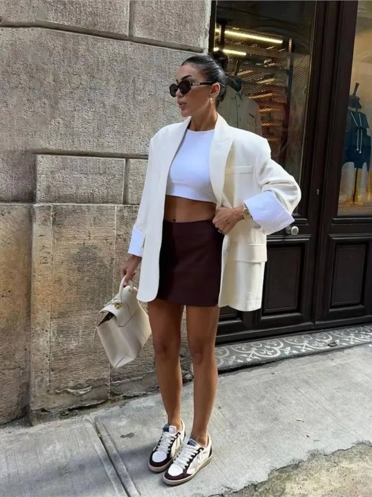 Elegant Blazer Coat For Women Fashion Pockets Lapel Oversized Suit Jackets 2025 Autumn Office Lady Casual Loose Outerwear 250614