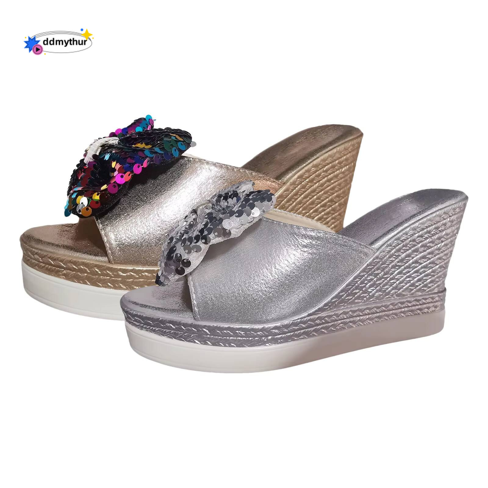 Studded For Heels Ladies Sequins Bowknot Slope High Thick Bottom Large Size Low Heel Sandals Women ddmythur