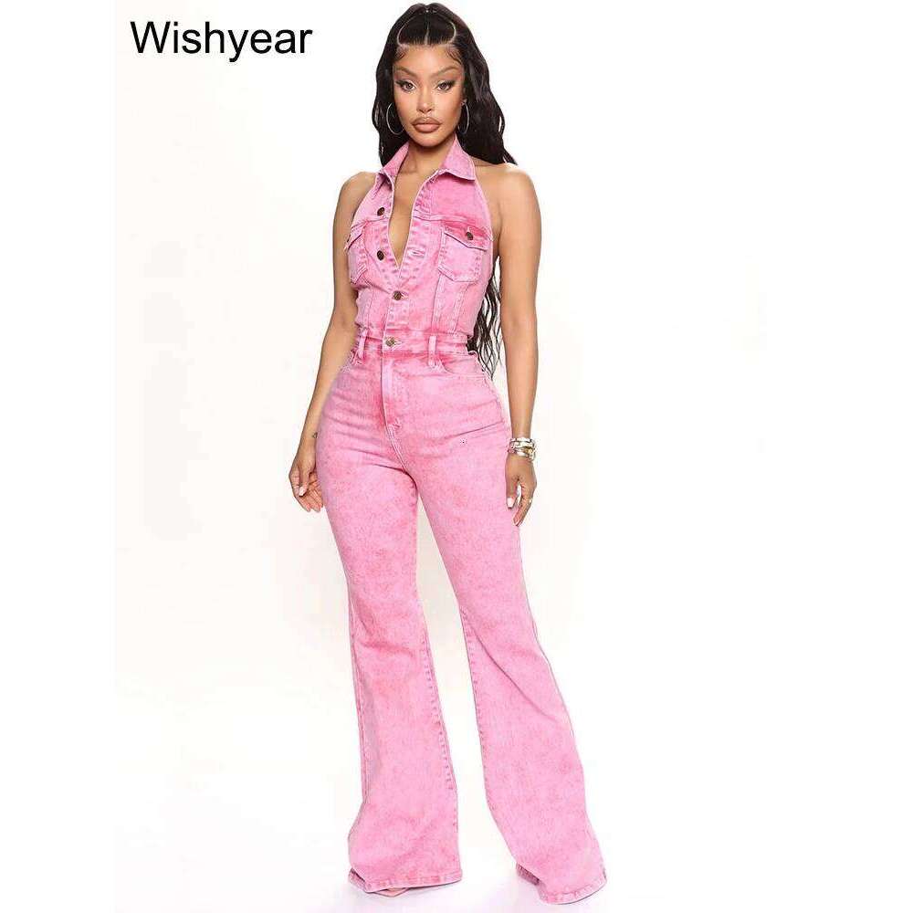Fashion Army Green Denim Jumpsuit Women Halter Sleeveless Backless Wide Leg Pants Rompers Streetwear One Pieces Jeans Outfits