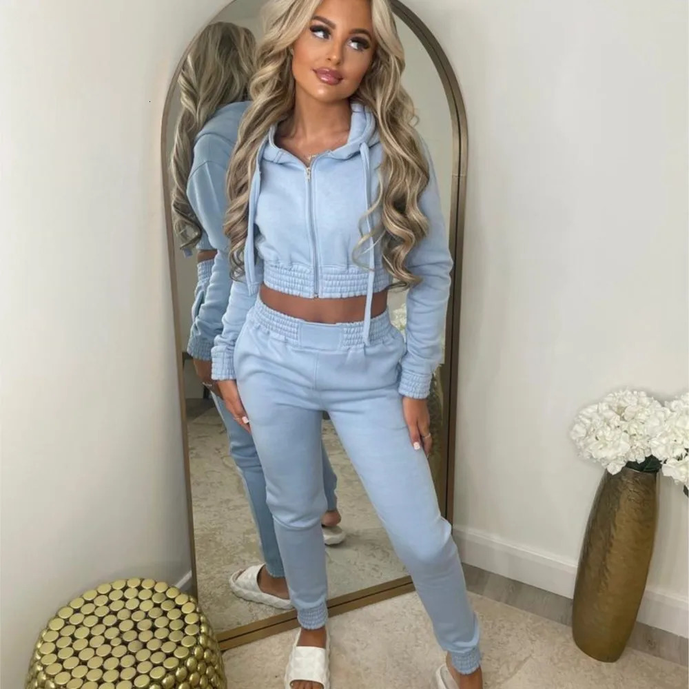 Fleece Hooded Sweatshirt Short Hooded Womens Suit Autumn Winter Casual Zipper Hoodie Sports Jogging Pants Female 2piece Set 250614