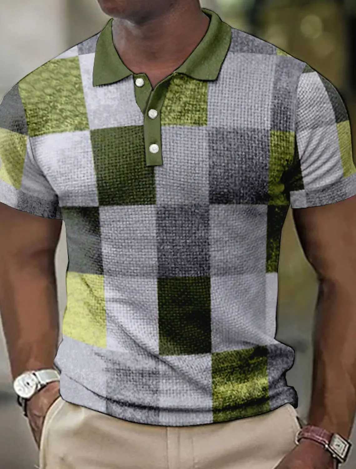 Mens Polo shirt lapel Polo button shirt color block plaid 3D pattern printed cuff outdoor street short-sleeved printed clothingXJ250617