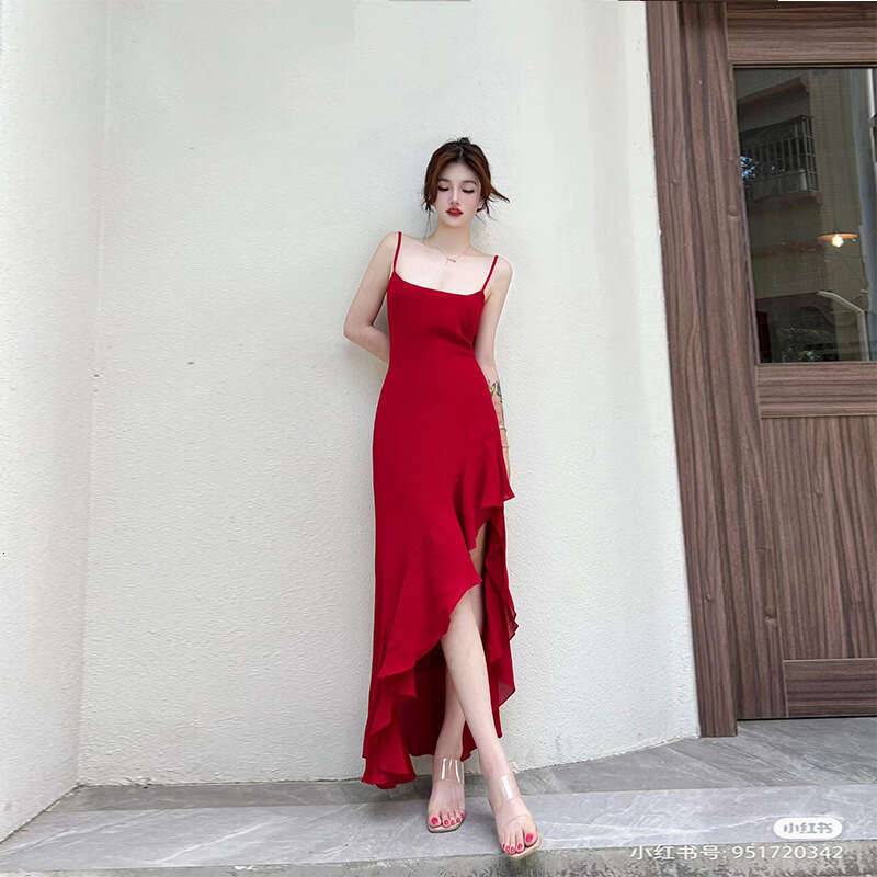 Clothes Women Designer Designer Dresses for Women Vestidos 705 Summer New 2025 Rayon Solid Color Square Neck Asymmetric Ruffle Mid-length Strap Dress