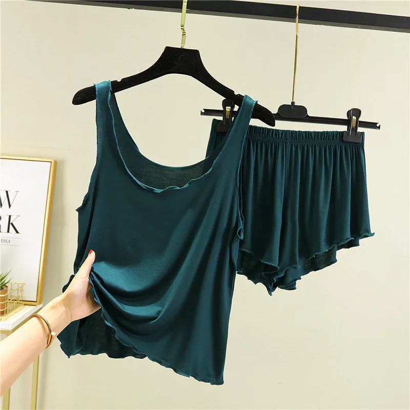 Casual Pyjama Pour Femme Summer Modal Tank Top Shorts Two-Piece Set Round Neck Sleeveless Home Wear Clothes Women Pajamas Suit 250616