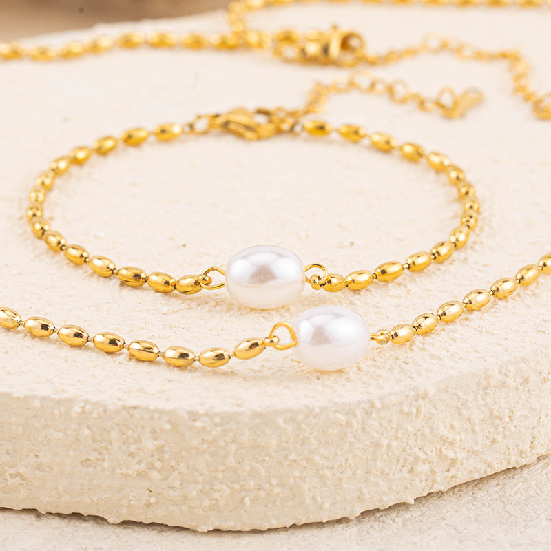 Fashion Round Pearl Necklace Bracelet for Women Stainless Steel Minimalist Style Exquisite Non-Fading Versatile Jewelry Set