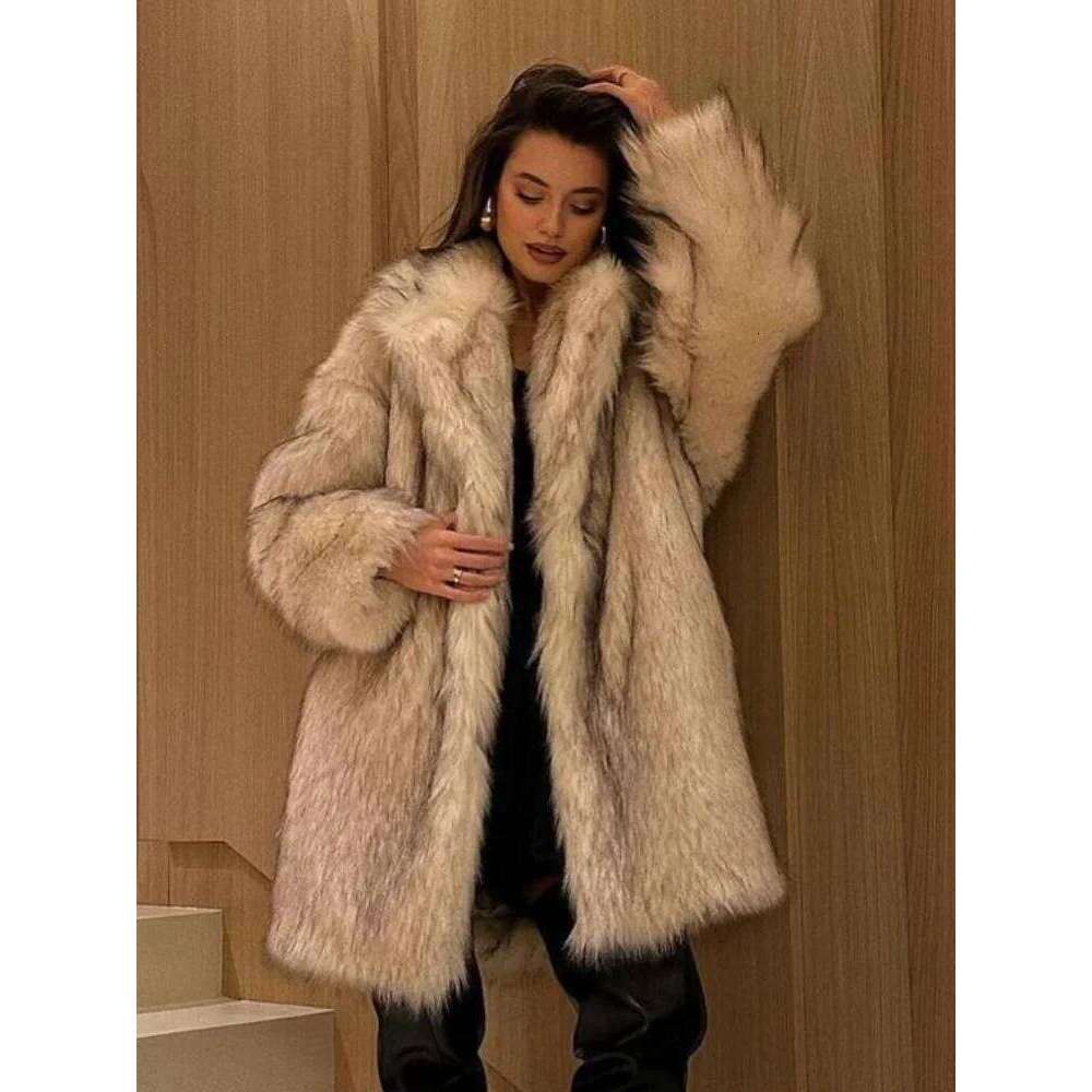 2024 Women Chic Lapel Collar Faux Fur Cropped Coat Elegant Thick Warm Full Sleeve Fluffy Plush Jacket Lady Winter Outwear