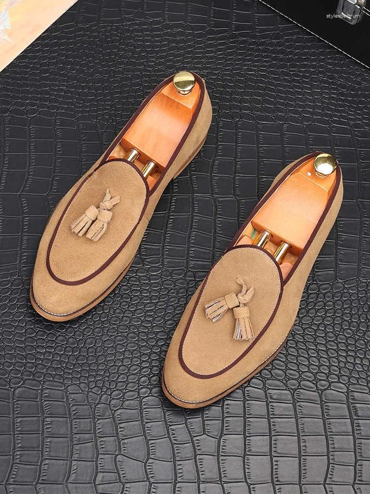 Dress Shoes Men's Suede Leather Tassels Loafers Pointed Black Brown Business Flats Designer Homecoming Wedding Footwear