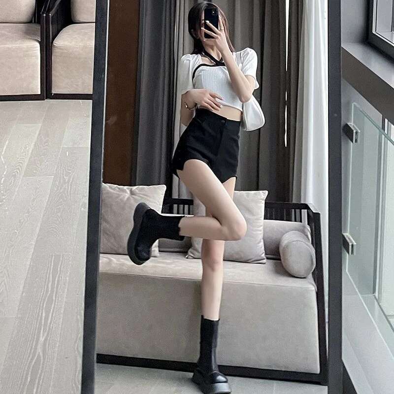 Skinny Womens Shorts Cute Knit Black Mini Booty Kawaii Sexy Tight Short Pants for Woman To Wear Hot XL Elegant Korean Style XXL