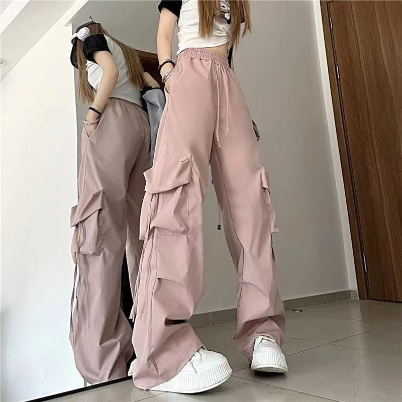 Women Y2K Cargo Pants Fashion Casual High Waist Big Pockets Hip Hop Trousers Female Streetwear Drawstring Baggy Sweatpants 250616