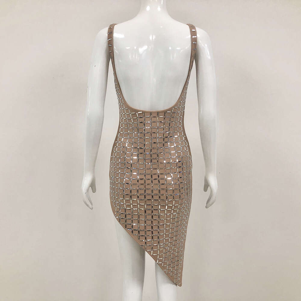 Autumn Winter New Nude Color Deep V High Slit Backless Fashion Sexy Rhinestone Bandage Dress for Women