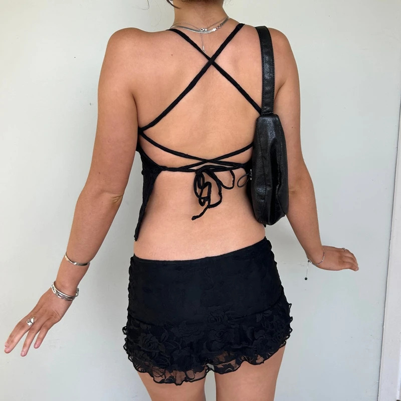 2 Piece Set Women Lace Outfit Y2k Fairy Coquette Tie-up Backless Crop Tops Low Rise Mini Skirt Festival Party Club Matching Suit 250617