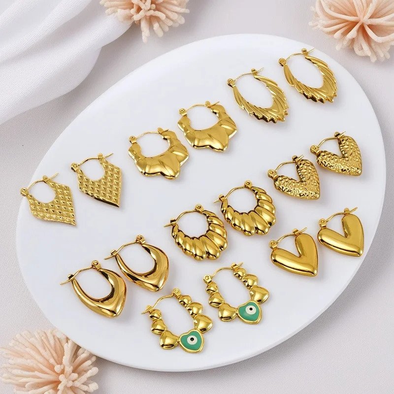 Simple Style Stainless Steel Hoop Earrings For Women Vintage Heart Geometry Anti-Fading Metal Fashion Jewelry Accessory 250610