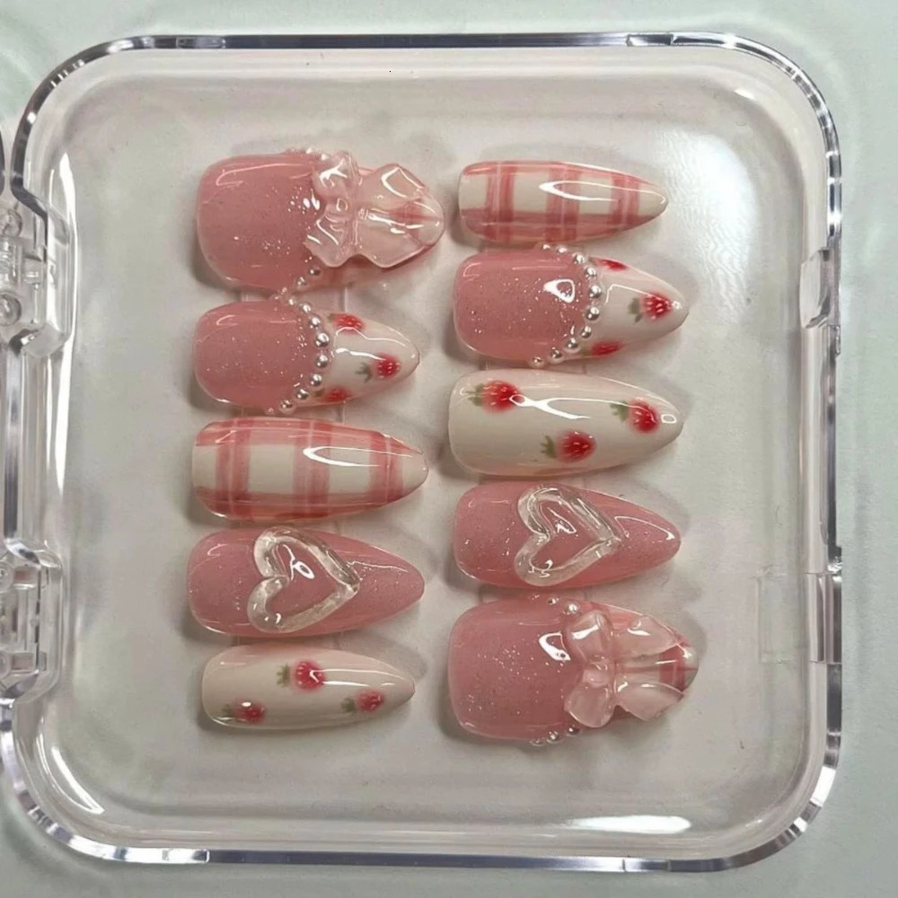 10 Pcs Handmade Press On Nails Advanced French Elegance 3D INS Y2k Pink Bow Medium Almond Fake Nails DIY Nails with Set 250612