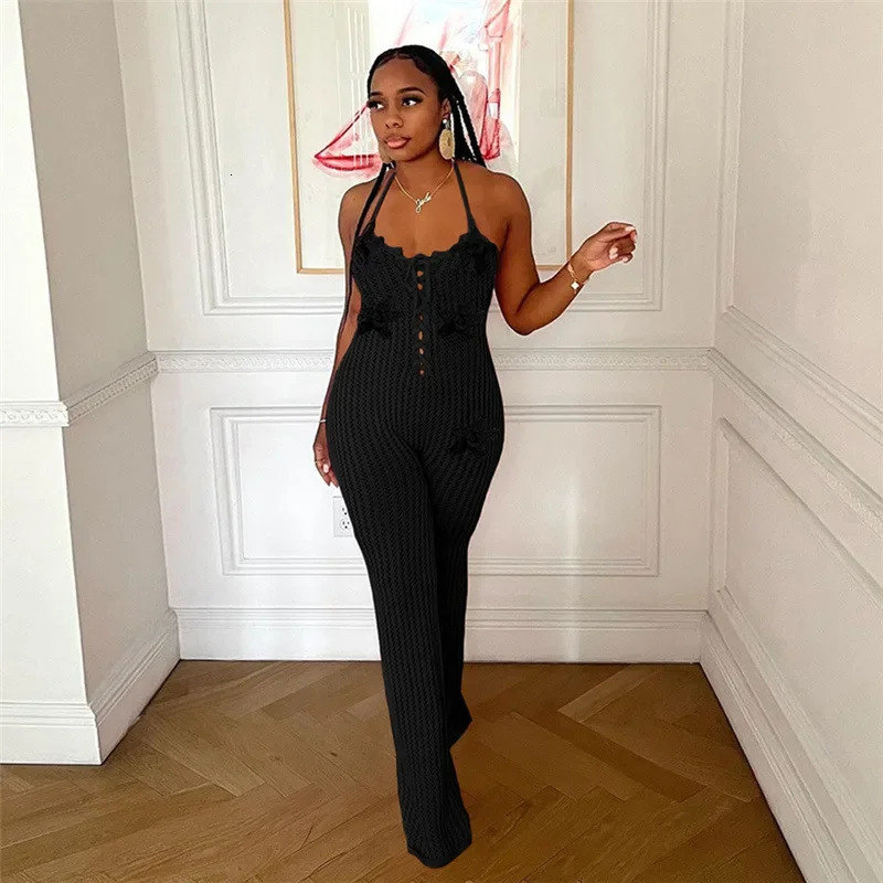 Leosoxs Knitted Halter Lace-Up Backless Jumpsuit Women Flower Applique Sleeveless Skinny Rompers Summer Vacation Beachwear 250617