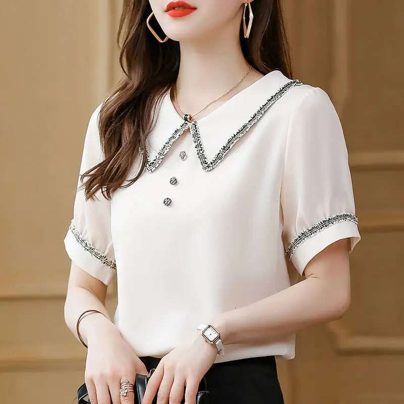 Top for Woman Office Outfits Clothing Black Womens Shirts and Blouses Chiffon Wear To Work Formal Collar Short Sleeve New 2025