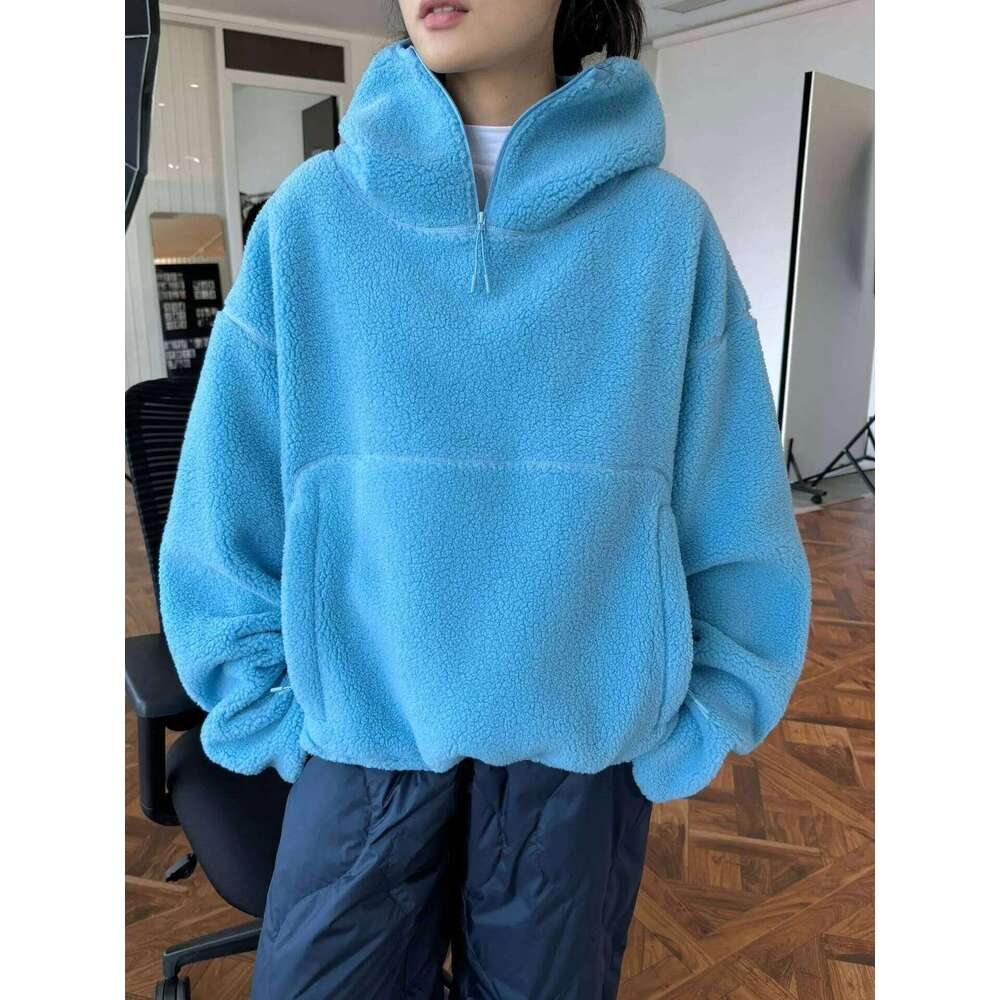 Winter women's casual solid color loose hooded sweatshirt