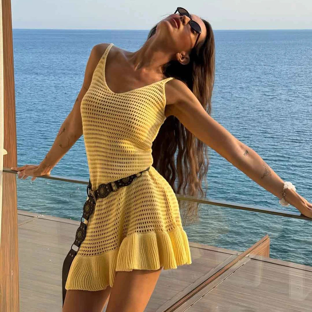 Tuularose Knit Ruffle Mini Dress Womens Summer Sexy Hollow Out Beach Holiday Sleeveless Halter Dress Solid Slim Short Dresses 250616