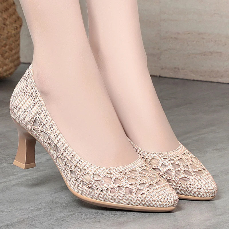 Summer Single Shoes Mesh Breathable Versatile High Heels Womens Shoes Middle-Aged Temperament Pointed Toe Shallow Mouth Shoes 250613