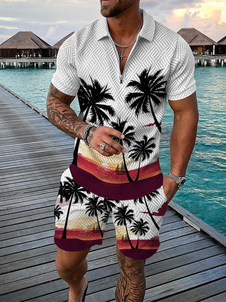 Funny Coconut Tree Print Mens Sets Summer Fashion Zip Polo Short Sleeve Tops Shorts Outfit Hawaiian Beach Vacation Casual Suit 250617