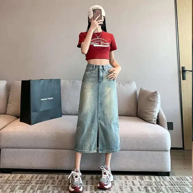 Female Jeans Skirts Korean Style Aesthetic Premium Quality Stylish Y2k Vintage Modest Cheap High Waist Midi Womens Denim Skirt