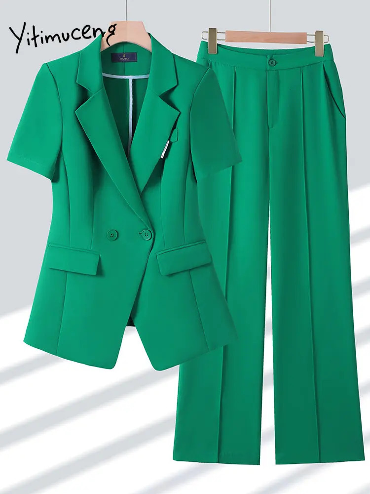 Yitimuceng Women Suits Office Sets Fashion Short Sleeves Turn Down Collar Blazer Chic Solid Pants 2 Piece 250612