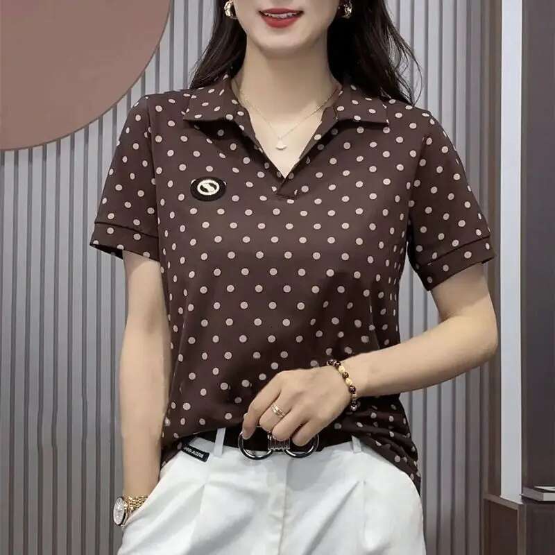 Polo Neck Shirts for Women Short Sleeve Tee T-shirt Woman Flower Clothing Aesthetic with Collar Tops Youth Luxury Sale V Cute