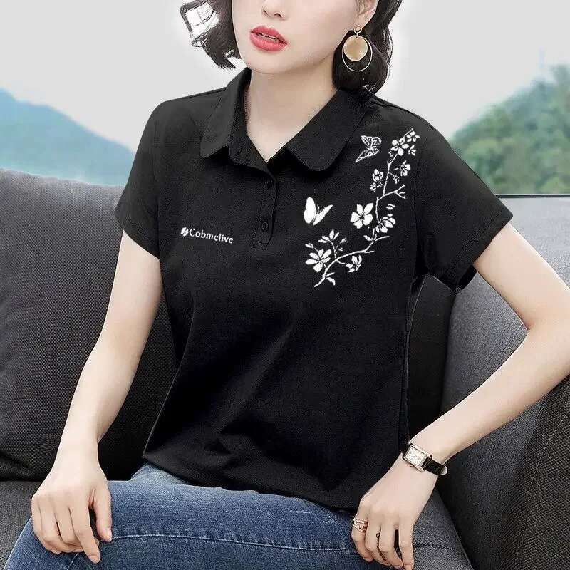 Short Sleeve Polo Neck T Shirt for Women Cotton Woman Tshirt Womens T-shirt Clothing Sales in Trend 2025 Y2k Fashion Youth