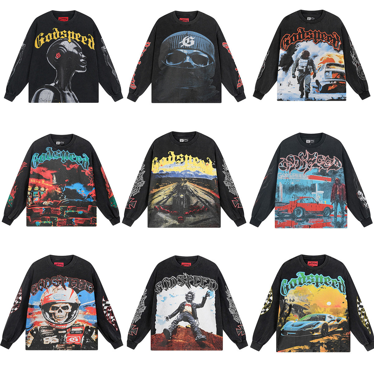 Designer Men's T-shirt Beach Hip Hop Fabric Printed Men's and Women's Street Casual Washed Black High Quality Long Sleeve