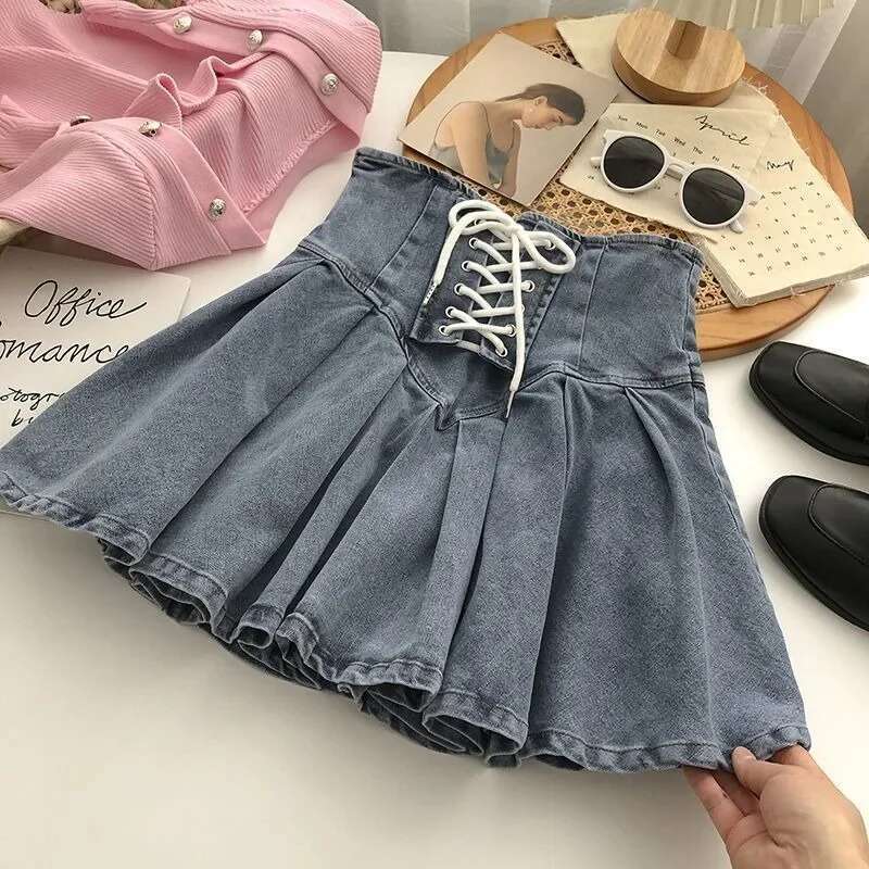 With Strings Jeans Skirts for Women Short High Quality Casual Cheap Y2k Vintage Stylish Streetwear New In Woman Denim Skirt
