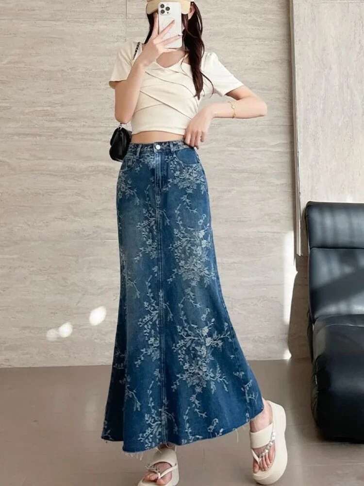 High Waist Tight Maxi Blue Woman Denim Skirt Long Wrap Jeans Skirts for Women Harajuku Summer 2025 Cheap Quality Clothing Sales