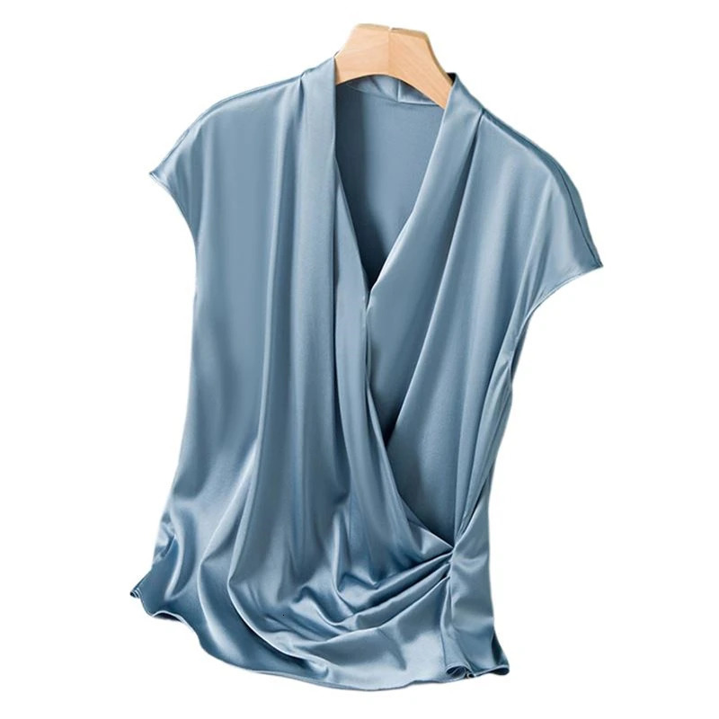 Elegant Satin Women Blouse Sexy V neck Office Ladies Blouses Shirts Casual Solid short sleeve Spring Summer Female Party Tops 250614